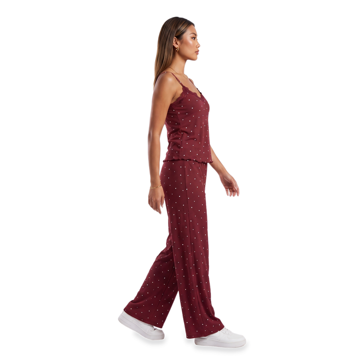 Sunoire wine lace trim heart print pajama set side view 01
