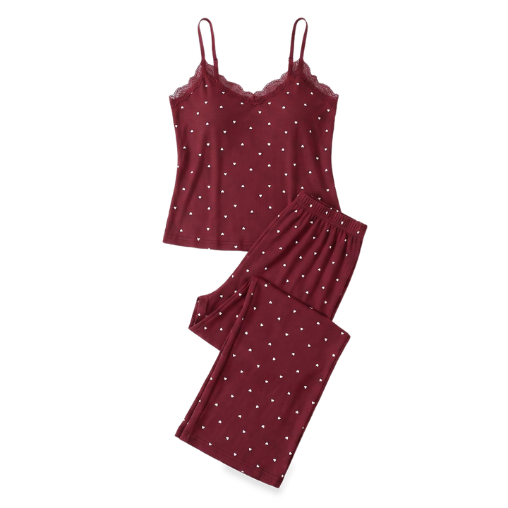Sunoire wine lace trim heart print pajama set garment flatlay 01