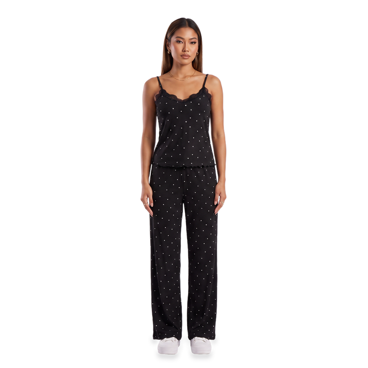 Sunoire wine lace trim heart print pajama set colorway black front crop 01