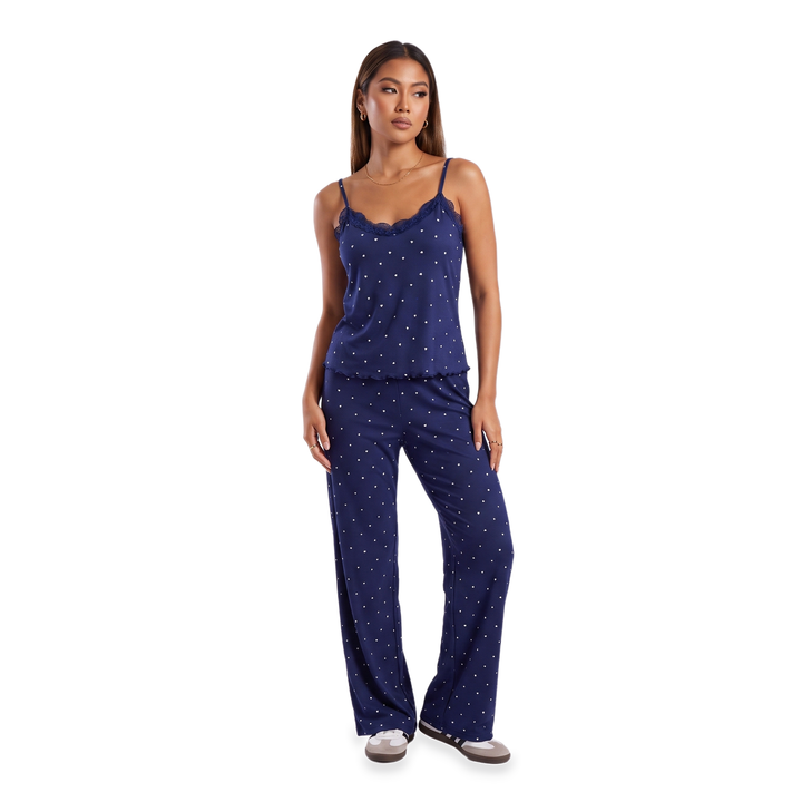 Women's Lace Trim Strappy Set – Wine Loungewear — Blue