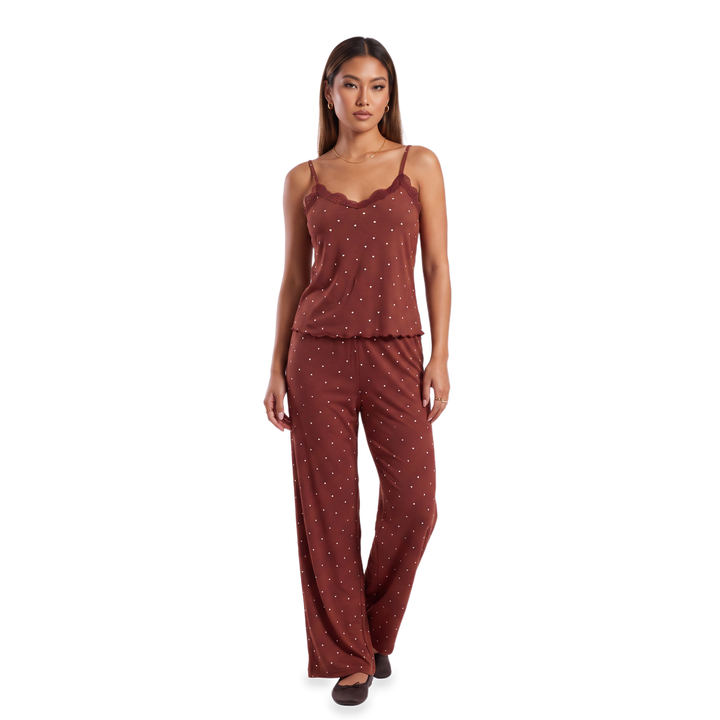 Women's Lace Trim Strappy Set – Wine Loungewear — Burgundy