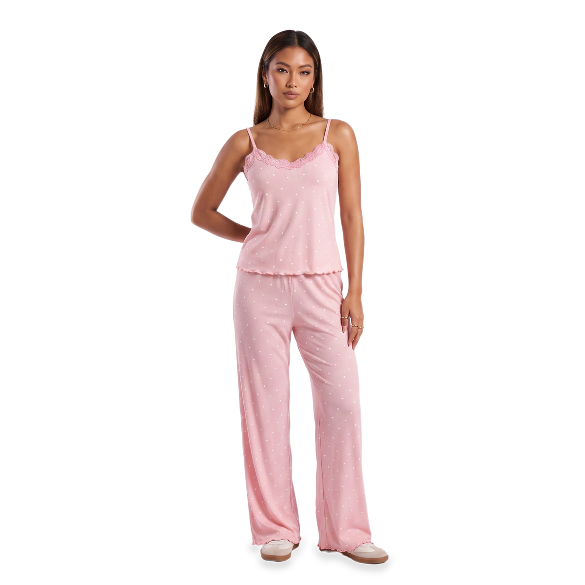 Sunoire wine lace trim heart print pajama set colorway light pink front crop 01