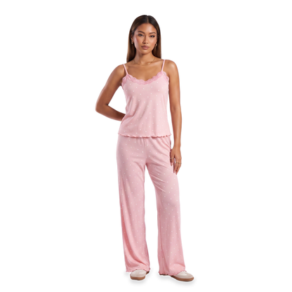 Sunoire wine lace trim heart print pajama set colorway light pink front crop 01