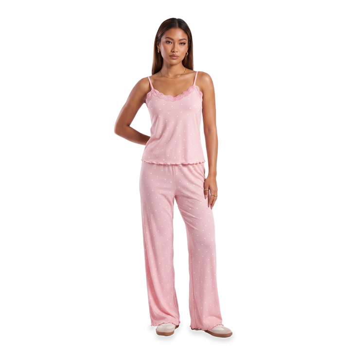 Women's Lace Trim Strappy Set – Wine Loungewear — Light Pink