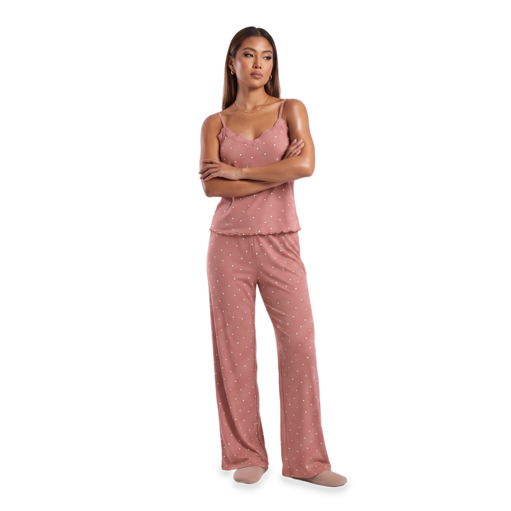 Women's Lace Trim Strappy Set – Wine Loungewear — Pink
