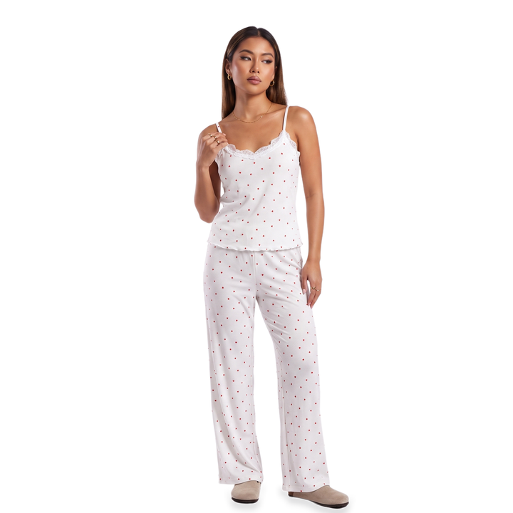 Women's Lace Trim Strappy Set – Wine Loungewear — White