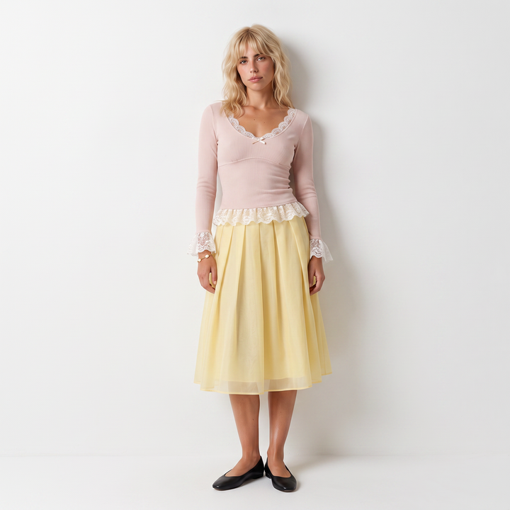 Sunoire women s lace trim v neck long sleeve top with petal cuffs and ruffled hem sweet bow design wholesale customized by manufacturer front hero 01