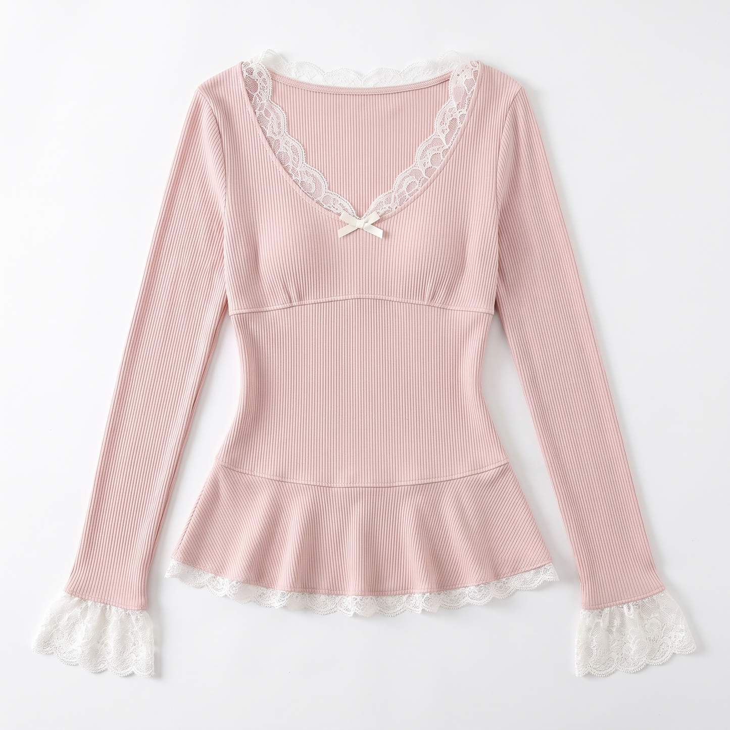 Sunoire women s lace trim v neck long sleeve top with petal cuffs and ruffled hem sweet bow design wholesale customized by manufacturer garment flatlay 01