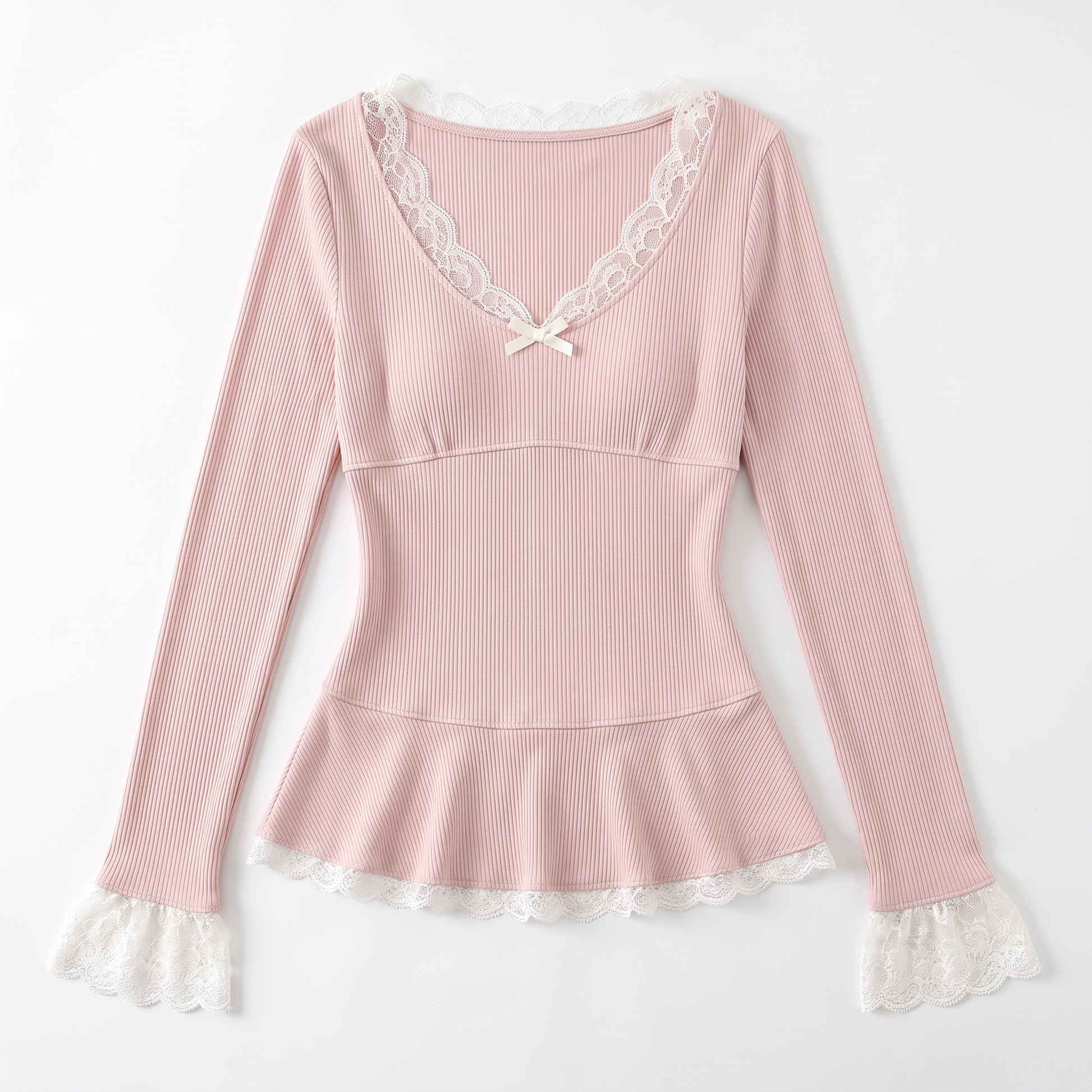 Sunoire women s lace trim v neck long sleeve top with petal cuffs and ruffled hem sweet bow design wholesale customized by manufacturer garment flatlay 01