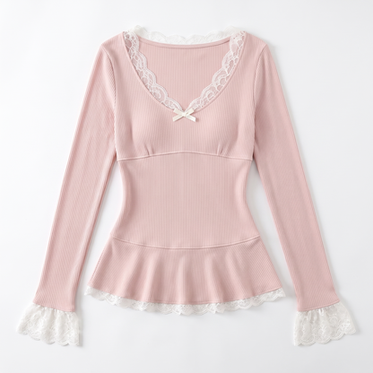 Sunoire women s lace trim v neck long sleeve top with petal cuffs and ruffled hem sweet bow design wholesale customized by manufacturer garment flatlay 01