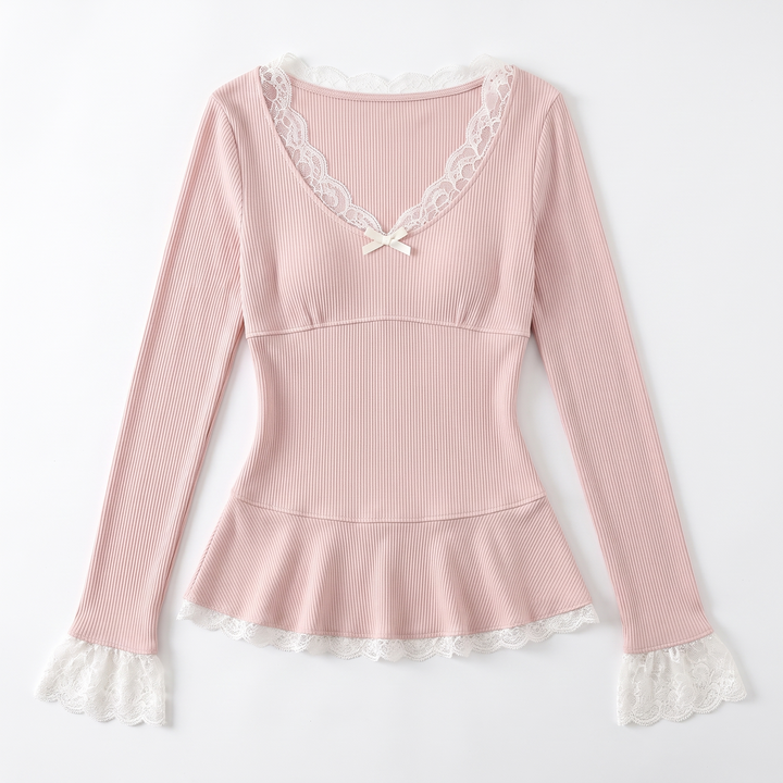 Sunoire women s lace trim v neck long sleeve top with petal cuffs and ruffled hem sweet bow design wholesale customized by manufacturer garment flatlay 01