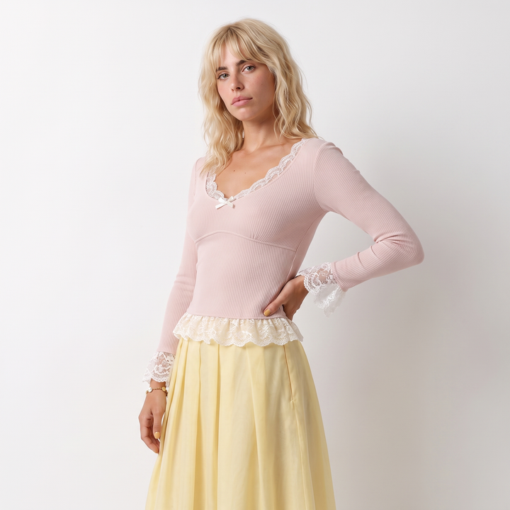 Sunoire women s lace trim v neck long sleeve top with petal cuffs and ruffled hem sweet bow design wholesale customized by manufacturer top crop 3q 01