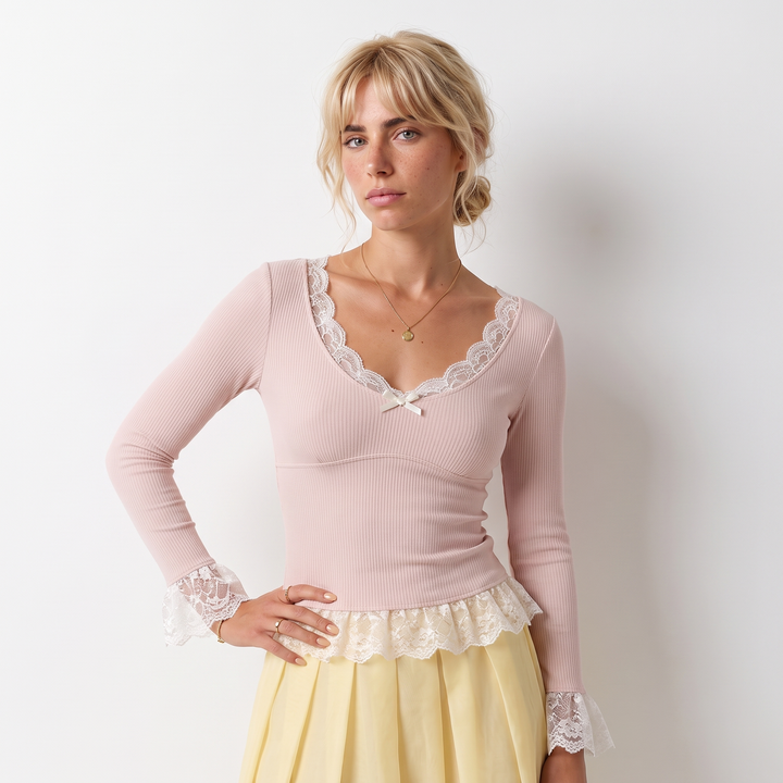 Sunoire women s lace trim v neck long sleeve top with petal cuffs and ruffled hem sweet bow design wholesale customized by manufacturer top front crop 01