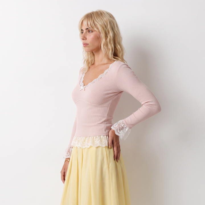Sunoire women s lace trim v neck long sleeve top with petal cuffs and ruffled hem sweet bow design wholesale customized by manufacturer top side crop 01