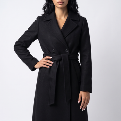 Sunoire women s long coat with belt and double breasted front colorway black front crop 01