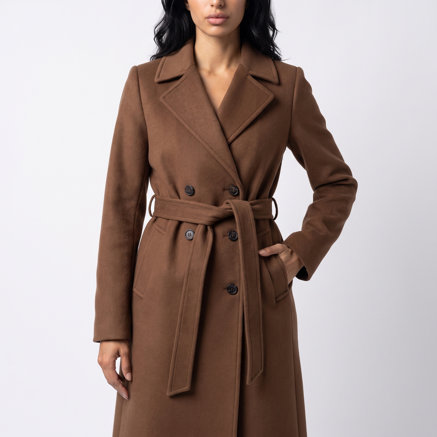 Sunoire women s long coat with belt and double breasted front colorway brown front crop 01