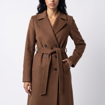 Sunoire women s long coat with belt and double breasted front colorway brown front crop 01