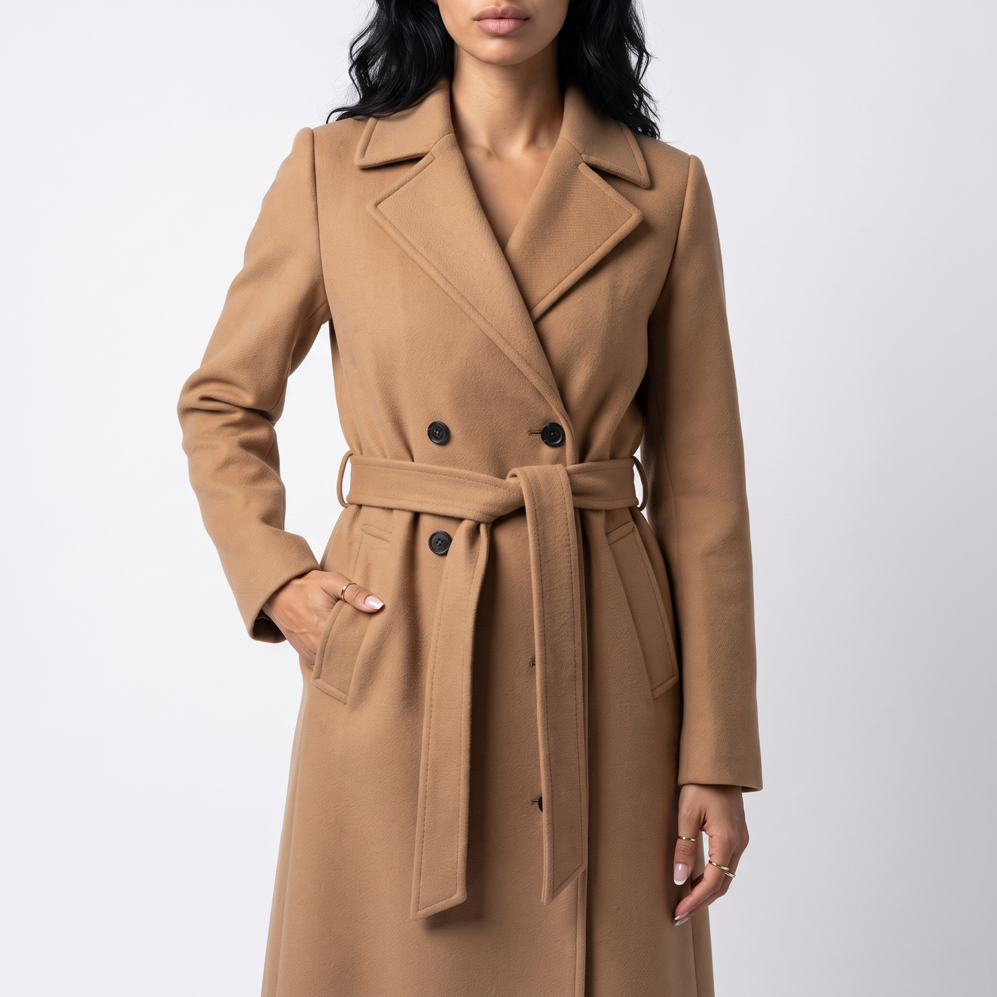 Sunoire women s long coat with belt and double breasted front colorway camel front crop 01