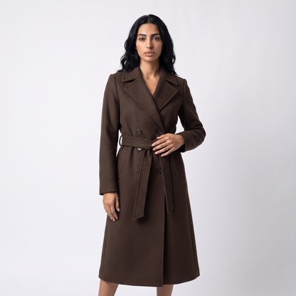 Sunoire women s long coat with belt and double breasted front colorway chocolate brown front crop 01