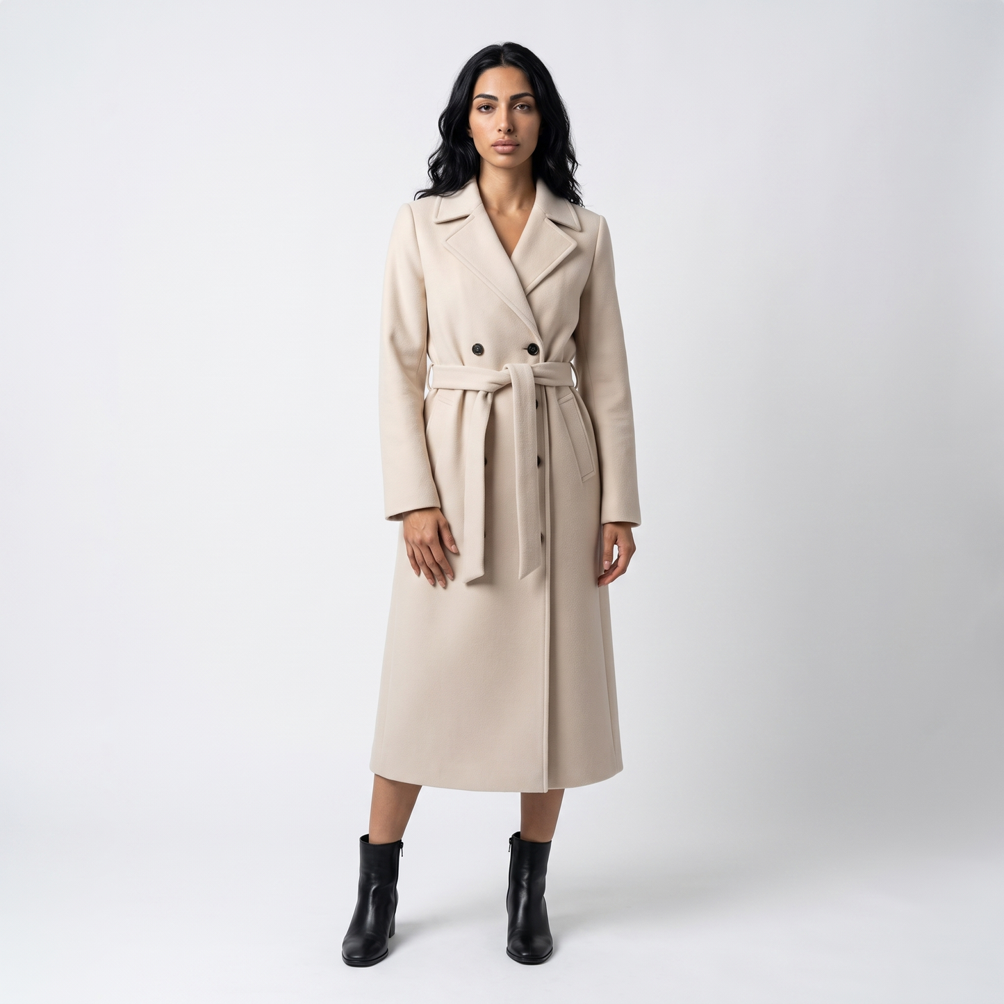 Sunoire women s long coat with belt and double breasted front front hero 01