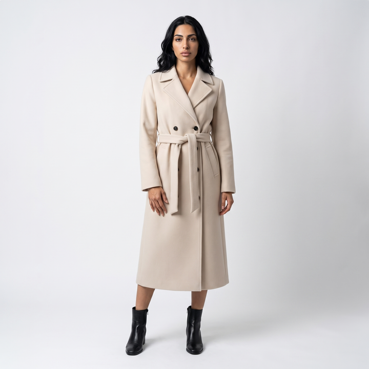 Sunoire women s long coat with belt and double breasted front front hero 01