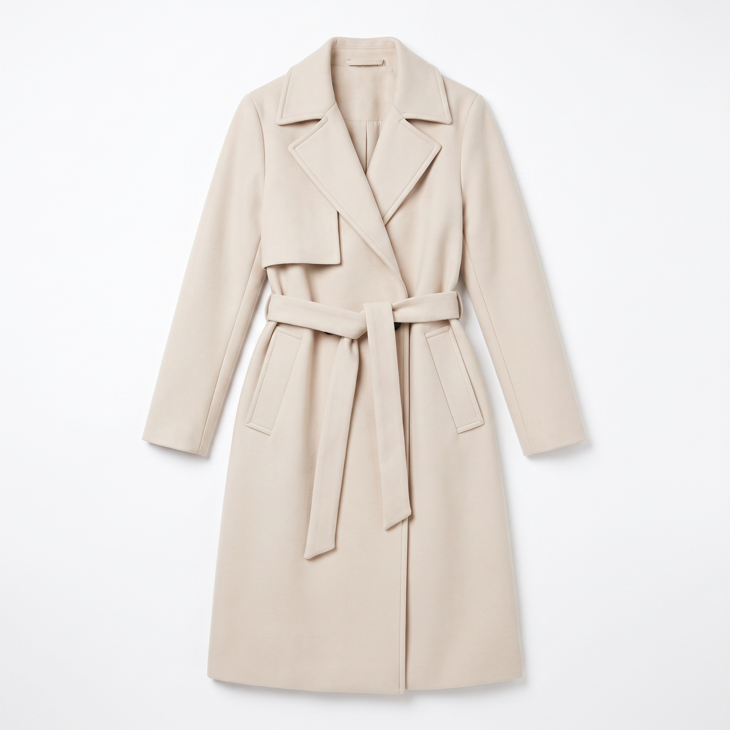 Sunoire women s long coat with belt and double breasted front garment flatlay 01
