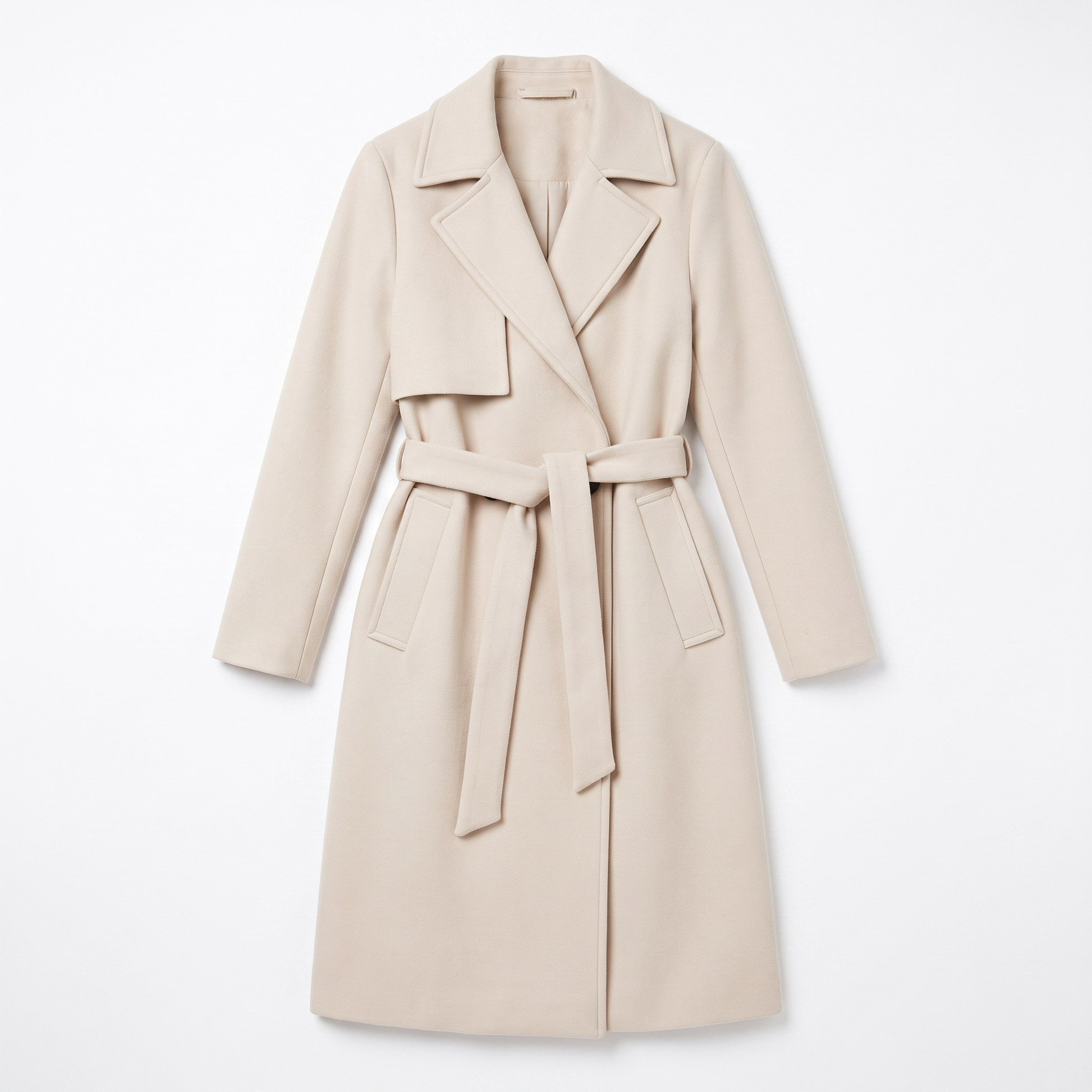 Sunoire women s long coat with belt and double breasted front garment flatlay 01