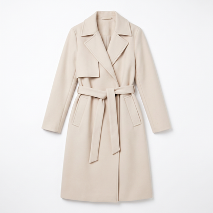 Sunoire women s long coat with belt and double breasted front garment flatlay 01