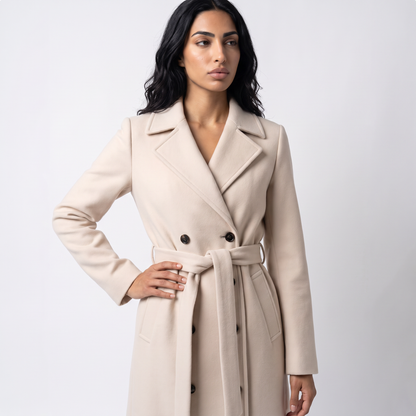 Sunoire women s long coat with belt and double breasted front top detail 01