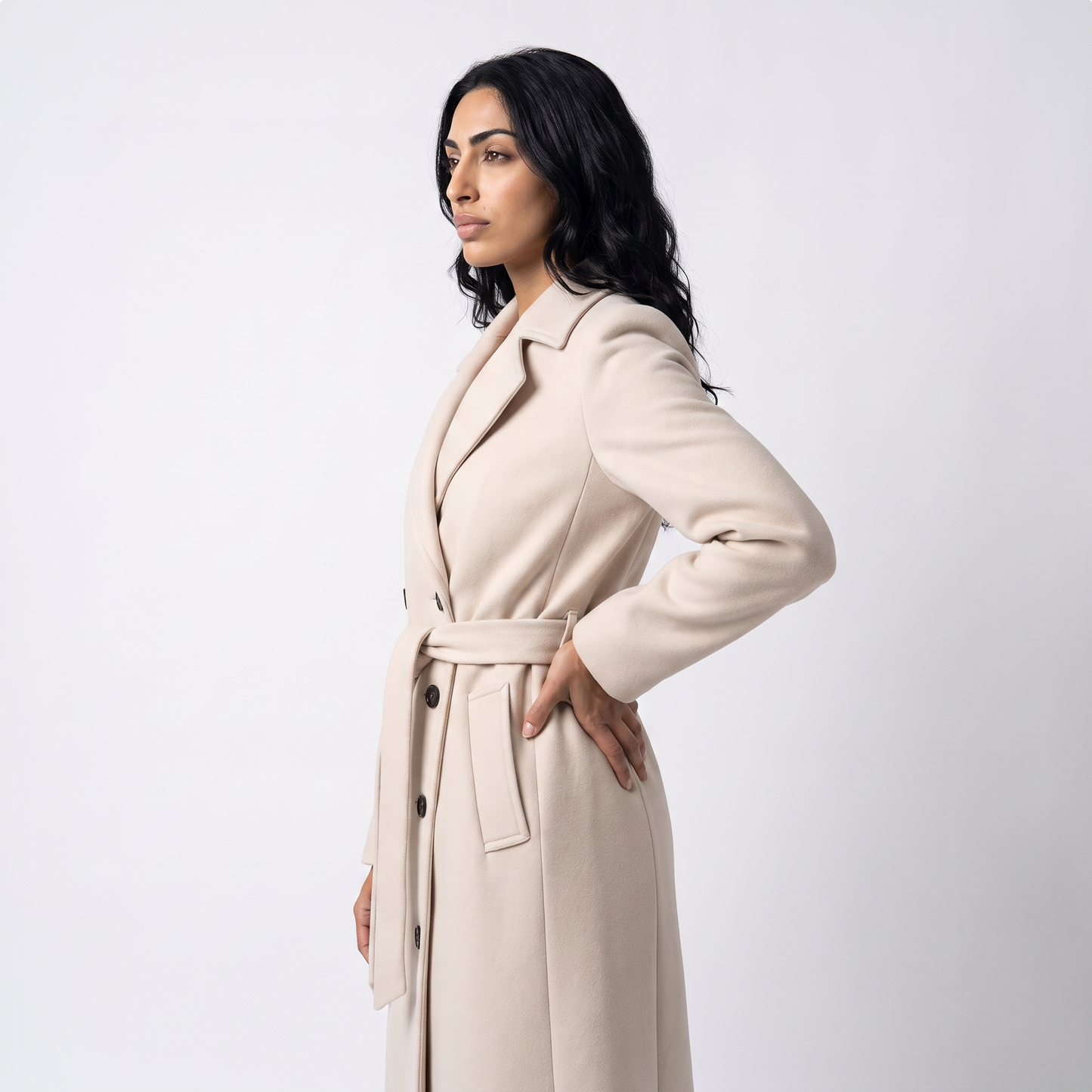 Sunoire women s long coat with belt and double breasted front top side crop 01
