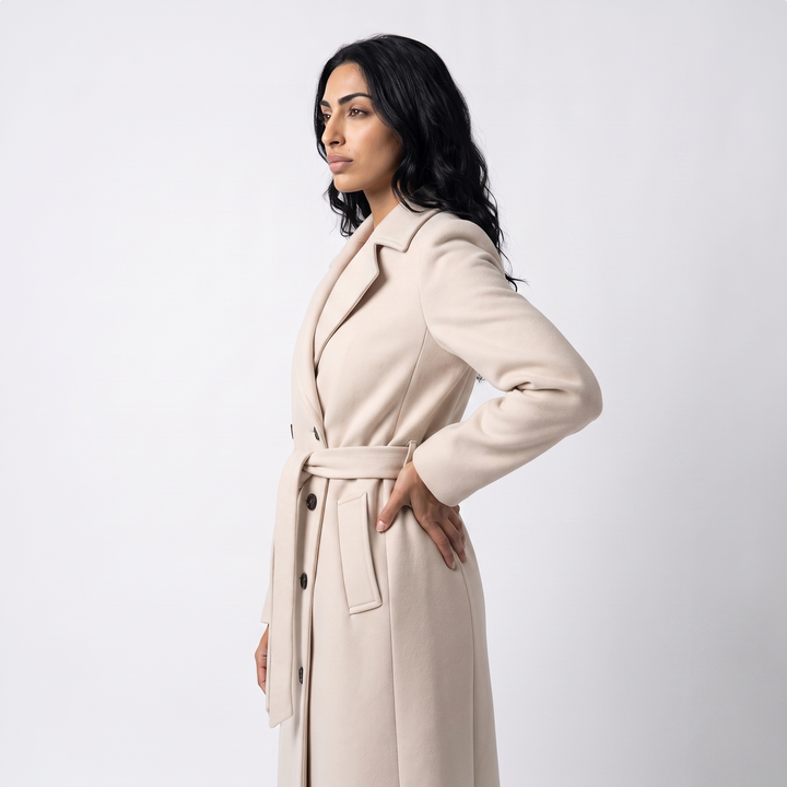 Sunoire women s long coat with belt and double breasted front top side crop 01