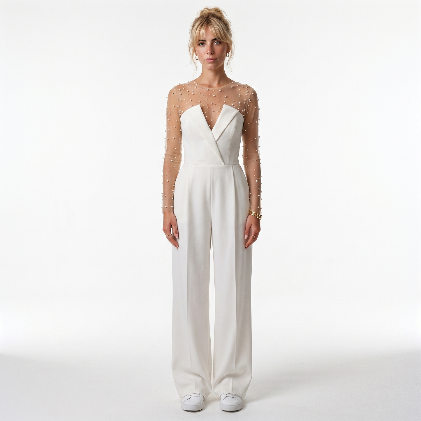 Sunoire women s pant sets for women 2 pieces pearl long sleeves bodysuit and white sleeveless jumpsuit high street wear front hero 01
