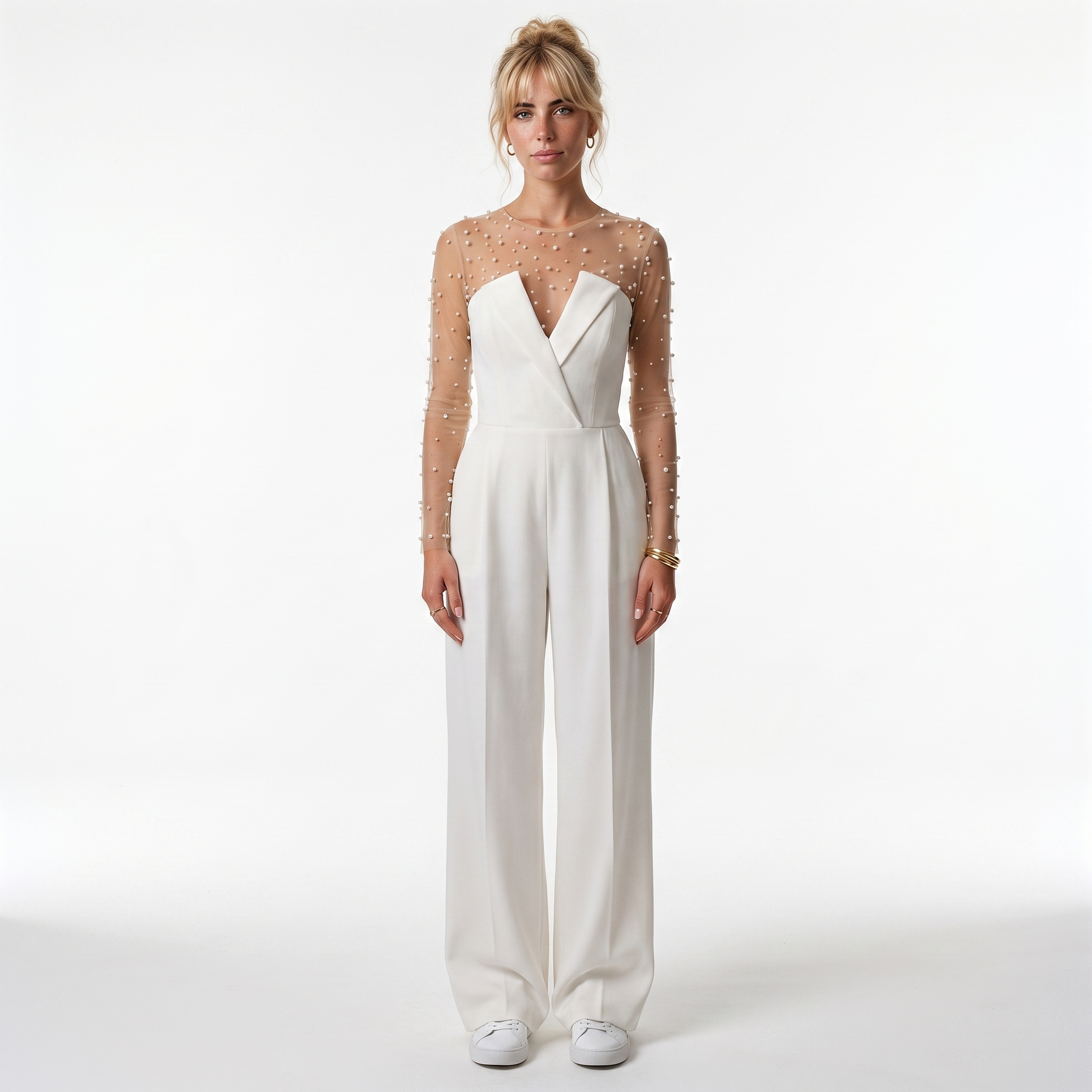Sunoire women s pant sets for women 2 pieces pearl long sleeves bodysuit and white sleeveless jumpsuit high street wear front hero 01
