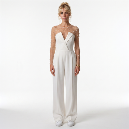 Sunoire women s pant sets for women 2 pieces pearl long sleeves bodysuit and white sleeveless jumpsuit high street wear front hero 01