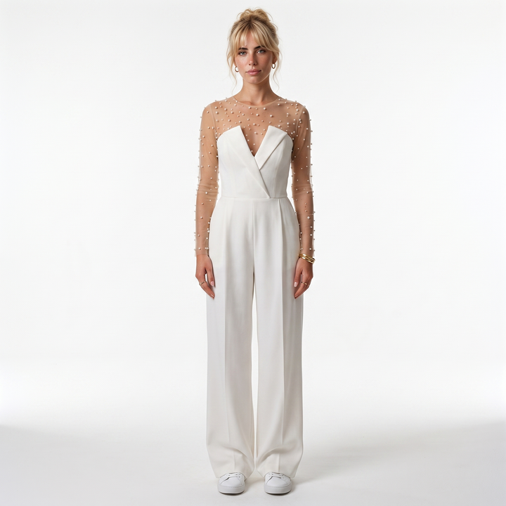 Sunoire women s pant sets for women 2 pieces pearl long sleeves bodysuit and white sleeveless jumpsuit high street wear front hero 01
