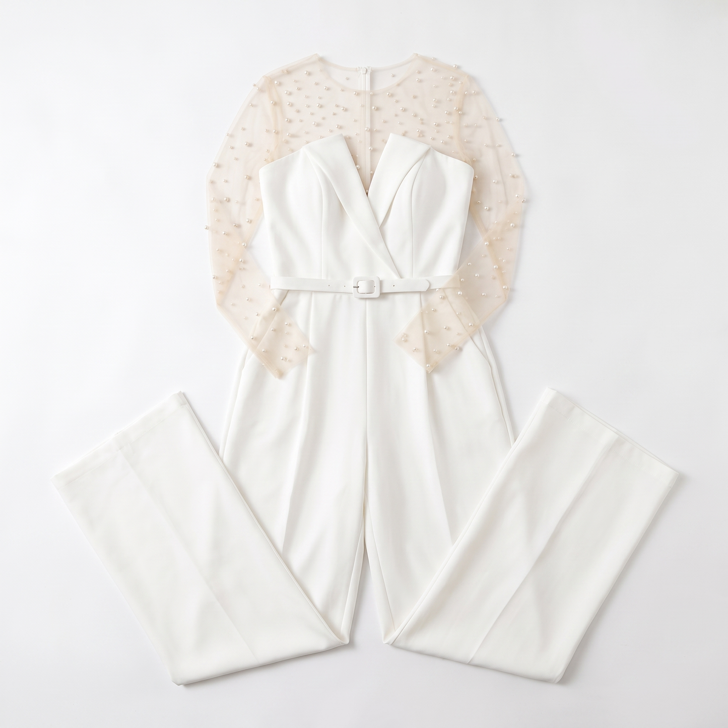 Sunoire women s pant sets for women 2 pieces pearl long sleeves bodysuit and white sleeveless jumpsuit high street wear garment flatlay 01