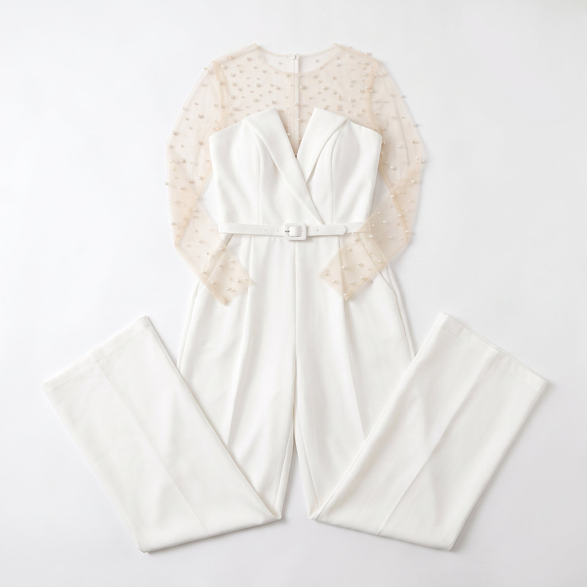 Sunoire women s pant sets for women 2 pieces pearl long sleeves bodysuit and white sleeveless jumpsuit high street wear garment flatlay 01