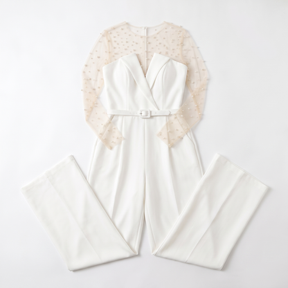 Sunoire women s pant sets for women 2 pieces pearl long sleeves bodysuit and white sleeveless jumpsuit high street wear garment flatlay 01