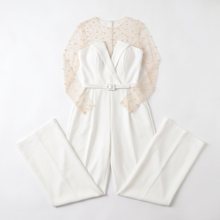 Sunoire women s pant sets for women 2 pieces pearl long sleeves bodysuit and white sleeveless jumpsuit high street wear garment flatlay 01