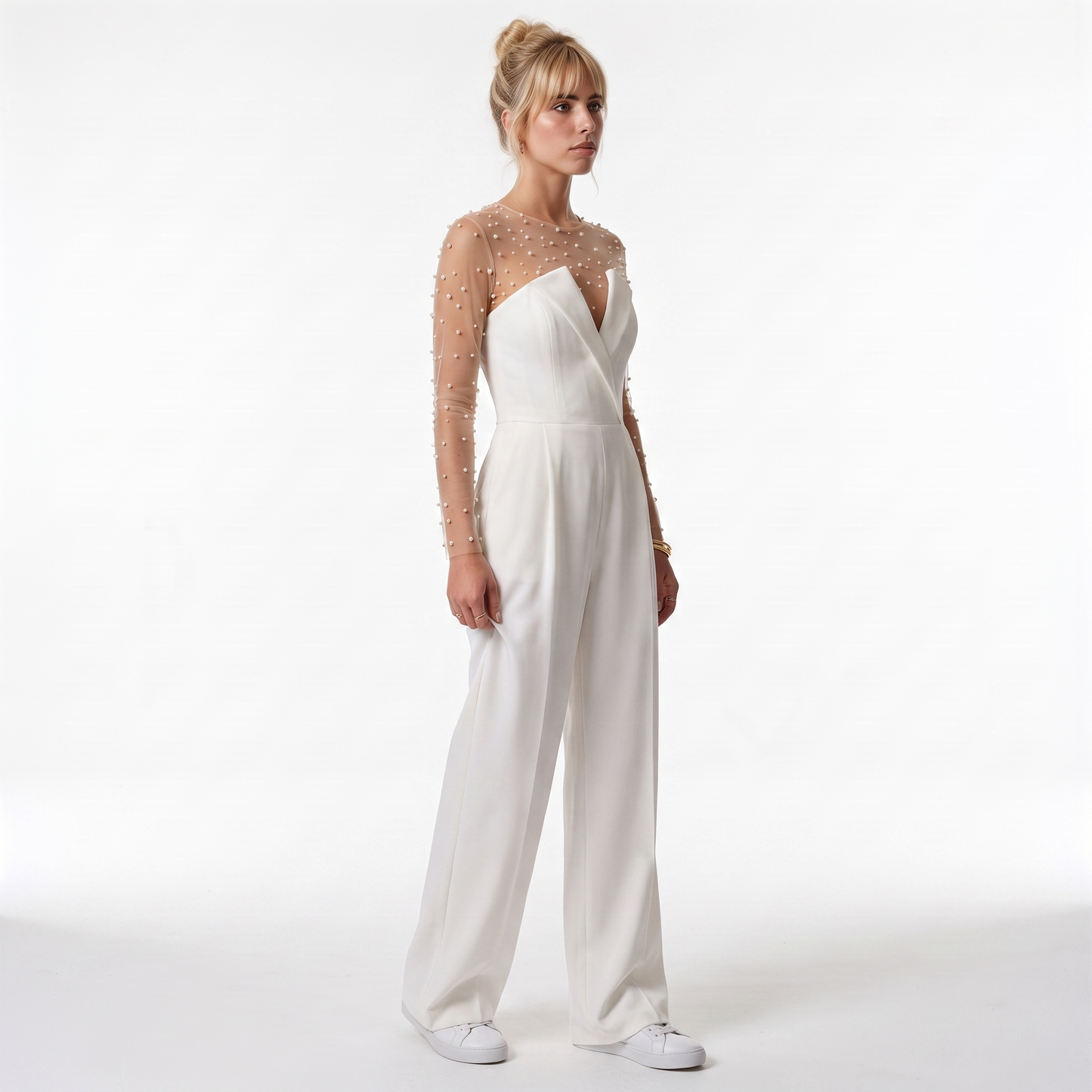 Sunoire women s pant sets for women 2 pieces pearl long sleeves bodysuit and white sleeveless jumpsuit high street wear three quarter 01