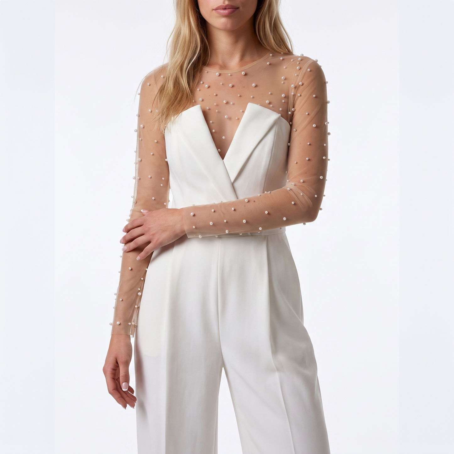 Sunoire women s pant sets for women 2 pieces pearl long sleeves bodysuit and white sleeveless jumpsuit high street wear torso crop 01