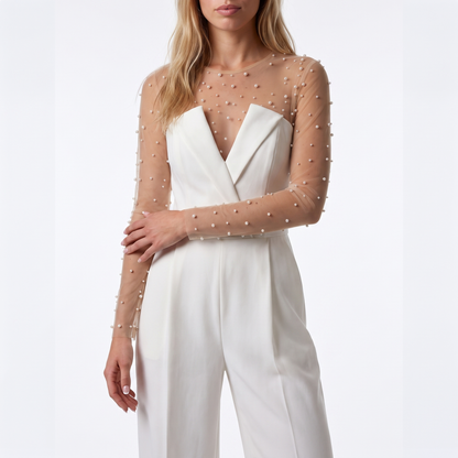 Sunoire women s pant sets for women 2 pieces pearl long sleeves bodysuit and white sleeveless jumpsuit high street wear torso crop 01