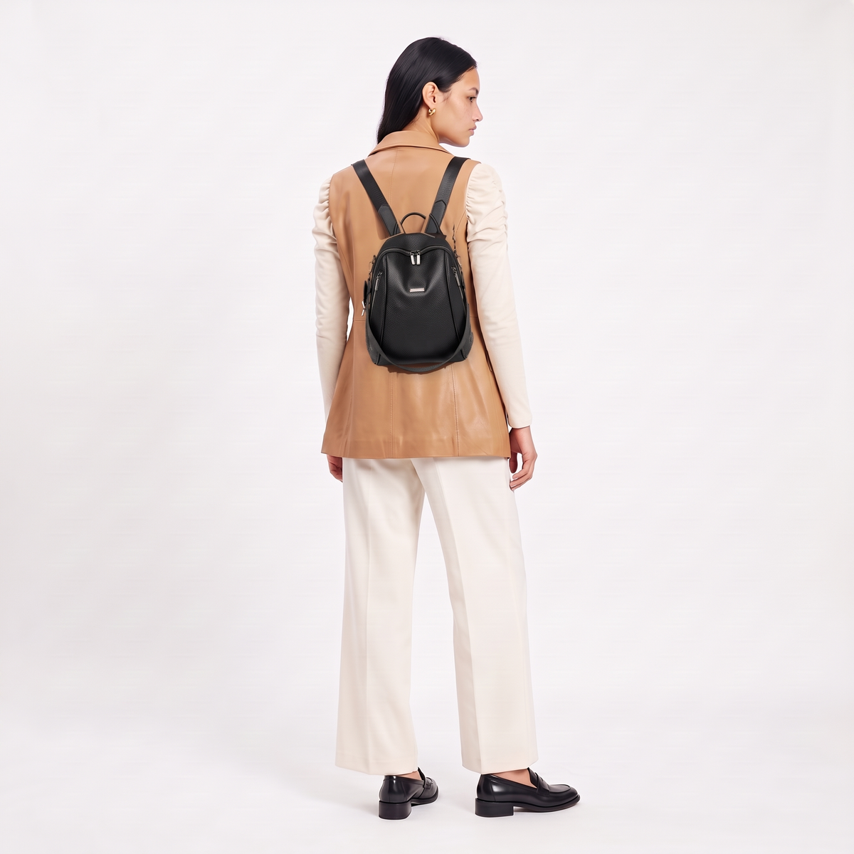 Women's Pebbled Faux Leather Backpack, worn from behind