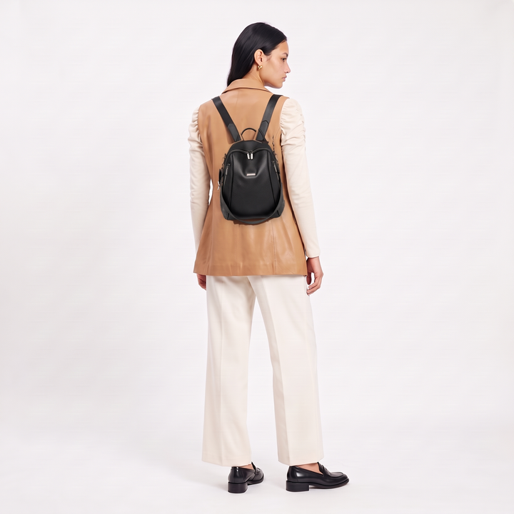 Women's Pebbled Faux Leather Backpack, worn from behind