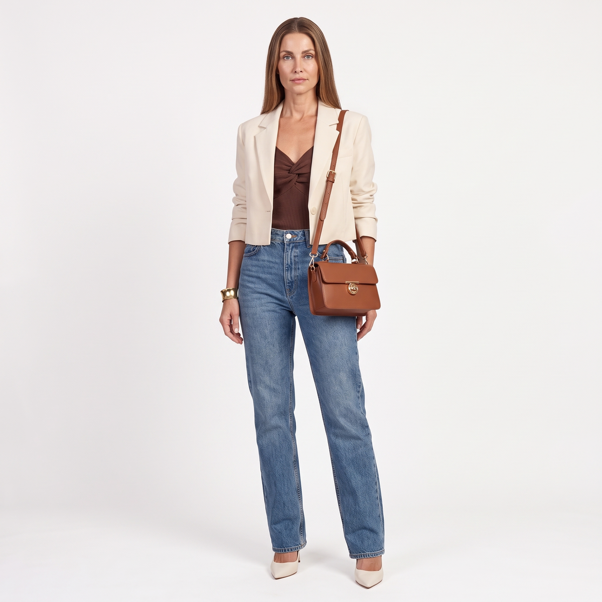 Women's Pebbled Faux Leather Flap Bag, worn by a model