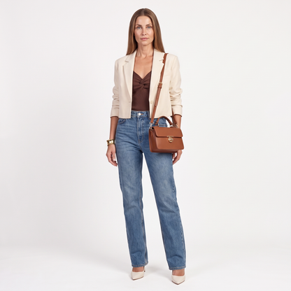 Women's Pebbled Faux Leather Flap Bag, worn by a model