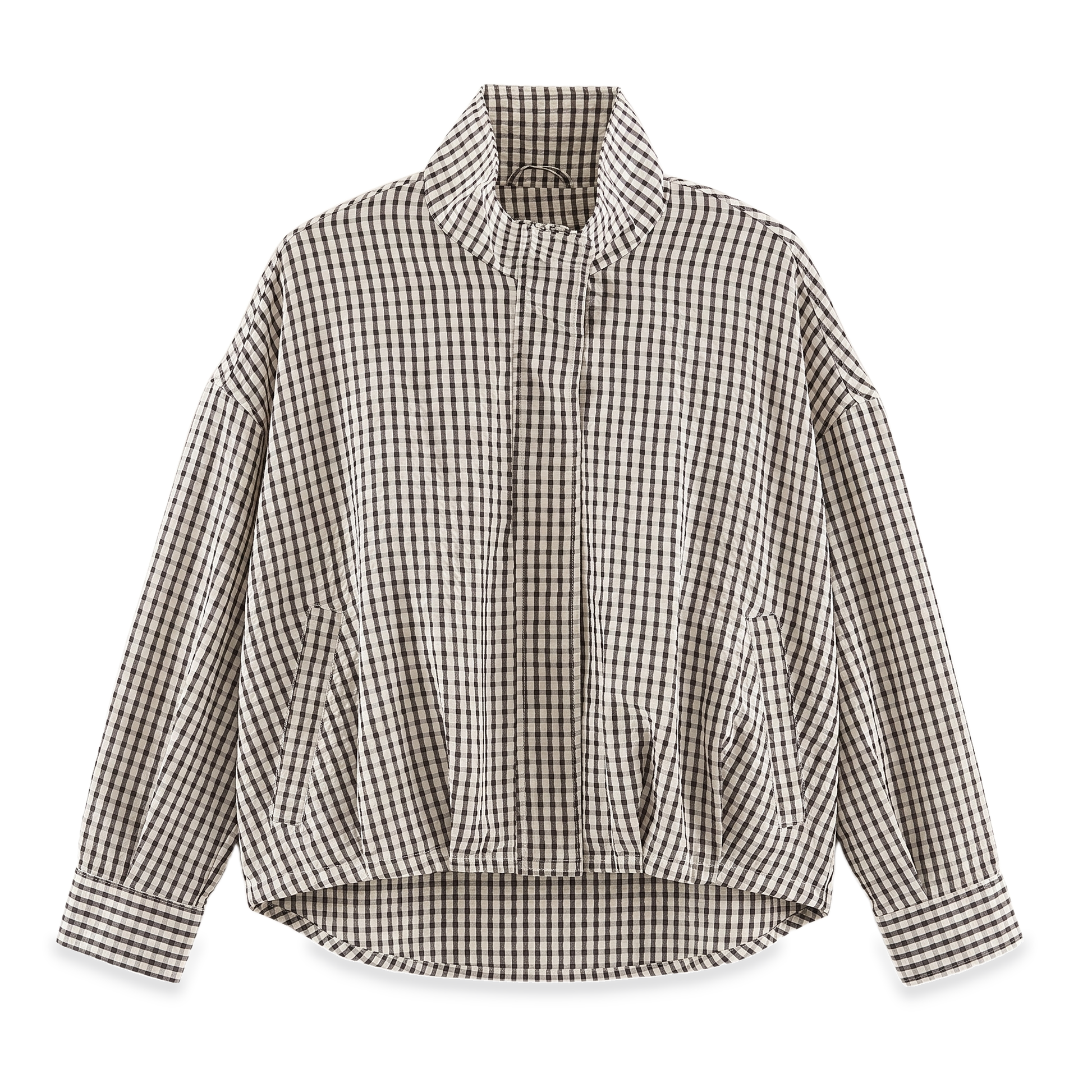 Sunoire plaid stand collar zip jacket garment flatlay 01