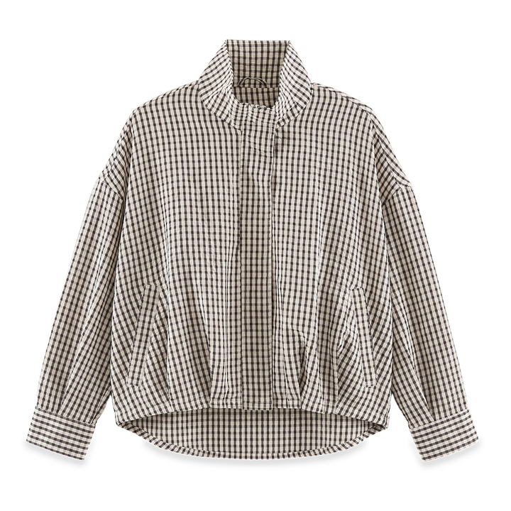 Sunoire plaid stand collar zip jacket garment flatlay 01