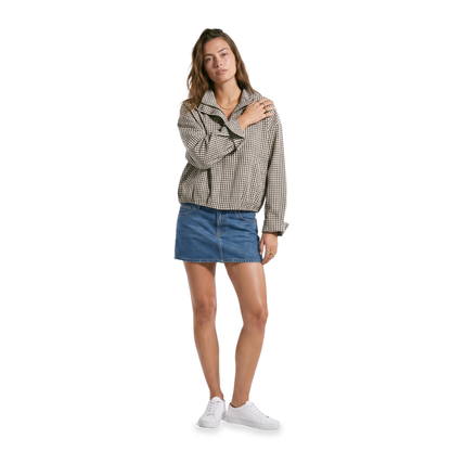 Sunoire plaid stand collar zip jacket colorway beige plaid front crop 01