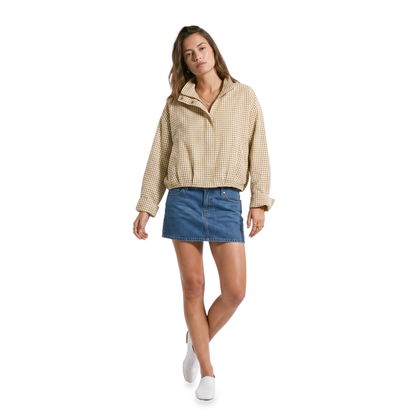 Sunoire plaid stand collar zip jacket colorway beige checkered front crop 01